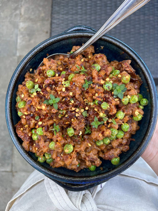 Farro Risotto with Sundried Tomato and English Peas