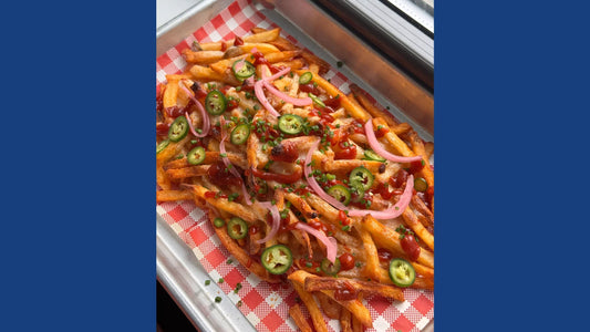 Spicy bubbly mozzarella fries with harissa ketchup